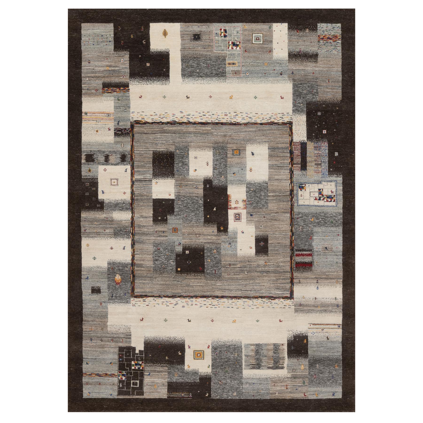 Chocolate Brown, Lori Buft Gabbeh with Block Design, Small Animal Figurines, Modern, Soft Wool, Hand Knotted, Thick and Plush, Oriental Rug